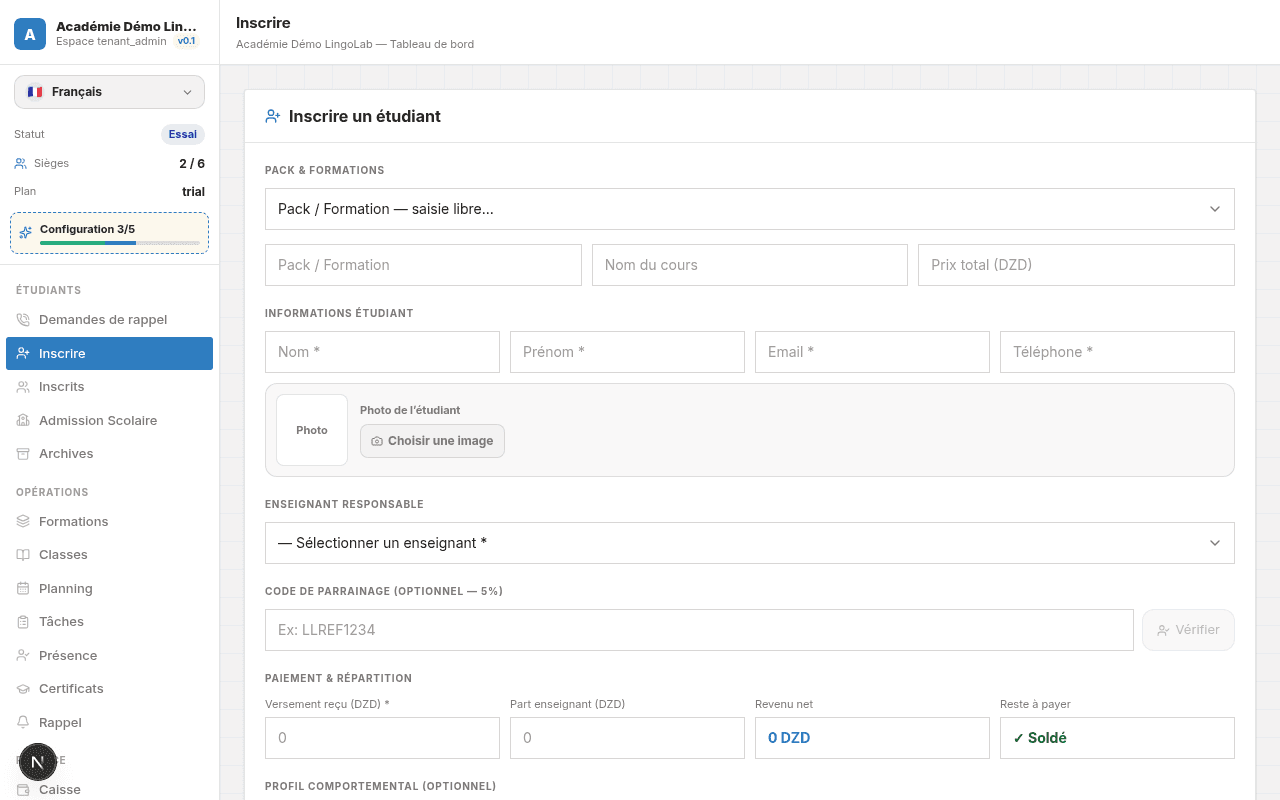 Screenshot of student enrollment in LingoLab